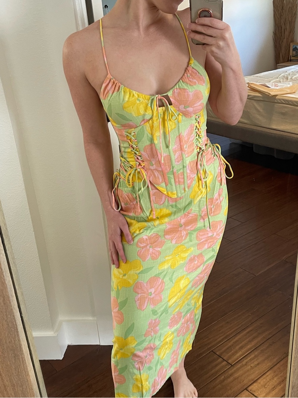 Sabo- Floral Tie-Front corset & midi skirt Set- in Pastel Yellow & Pink